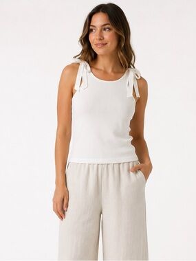 Pants Store White Ribbed Tank Top‎ Large EUC Coquette Aesthetic Satin Bow